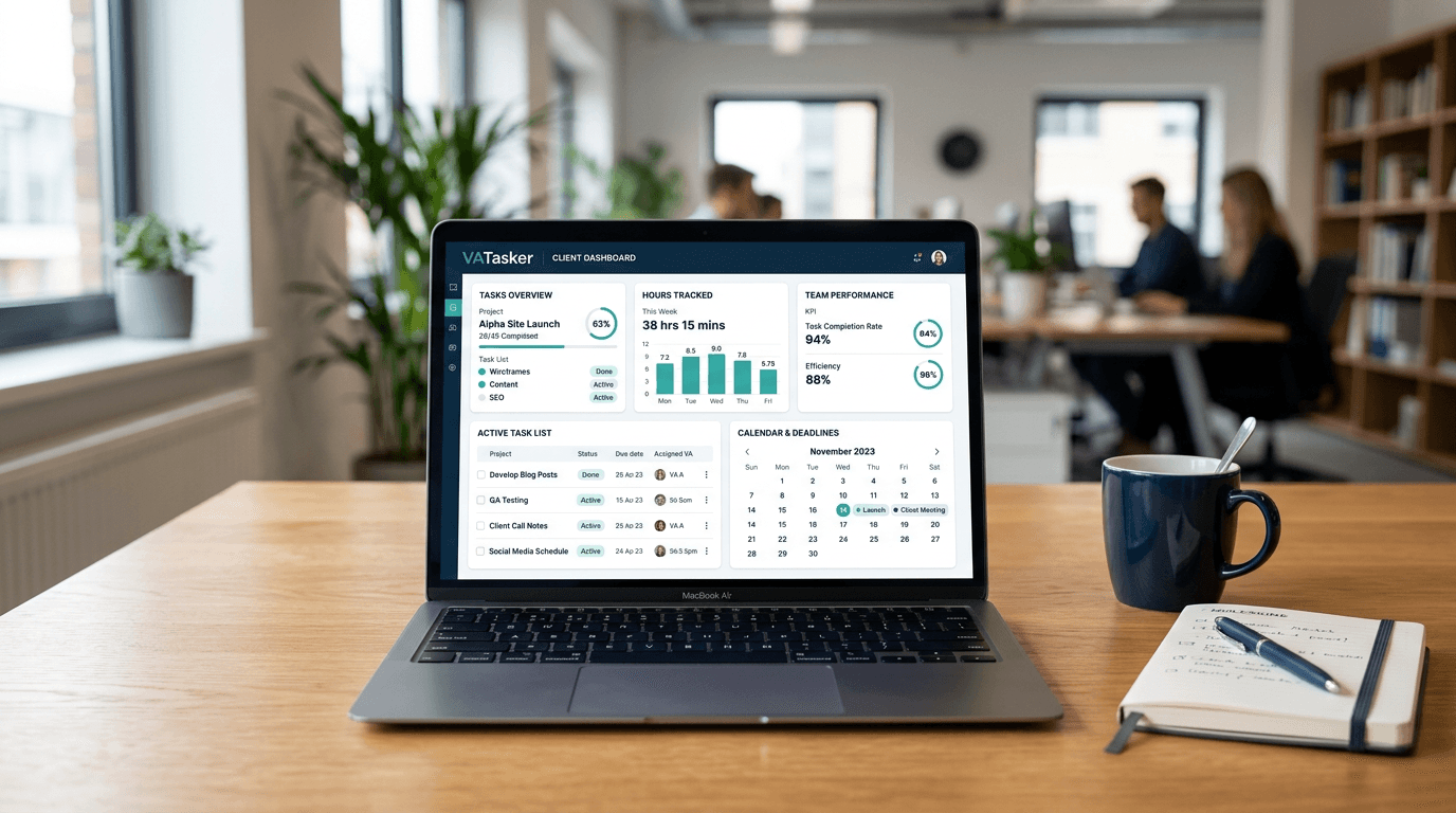 Operational dashboard showing KPIs, task queues, and managed VA workflow status for a VATasker client account.
