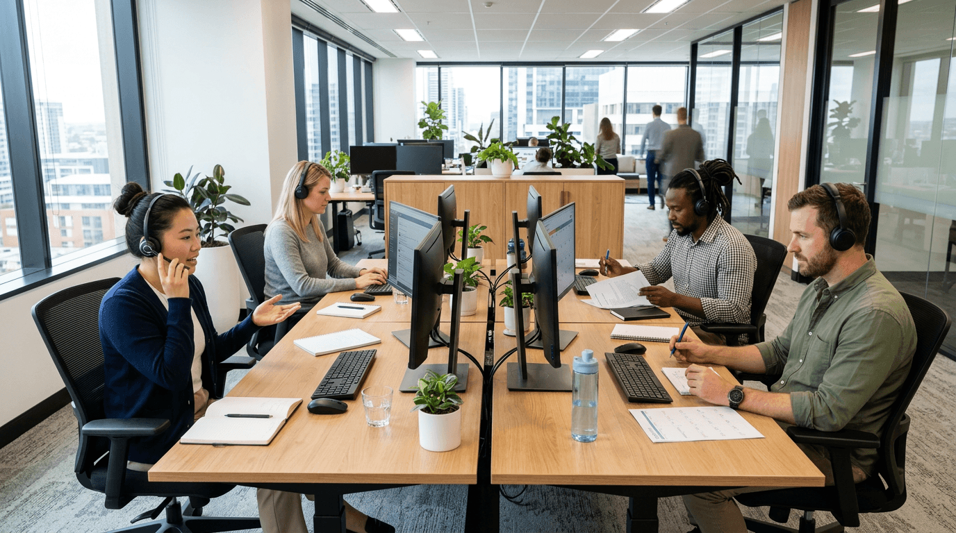 VATasker managed virtual assistant team collaborating at workstations with CRM and operations dashboards on screen.